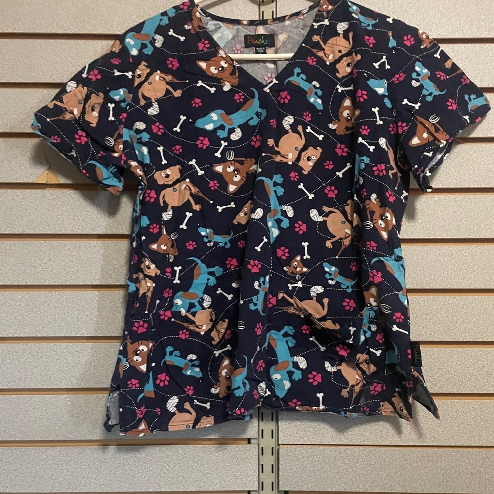 Peaches Womens Navy Blue Dog Veterinary Print Scrub Top V-Neck Large Medical